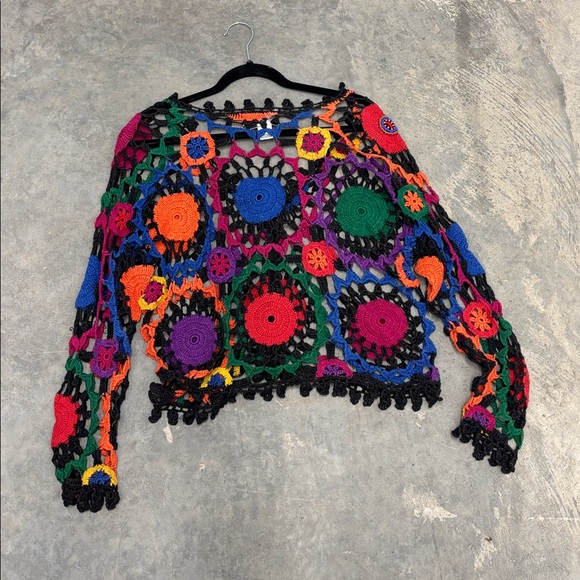 Vintage Crochet Hand Knit Vibrant Colorful Cardigan - Picture 2 of 7